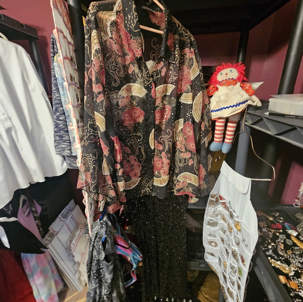 Floral Black and Red Blouse With Black Sequin Pants